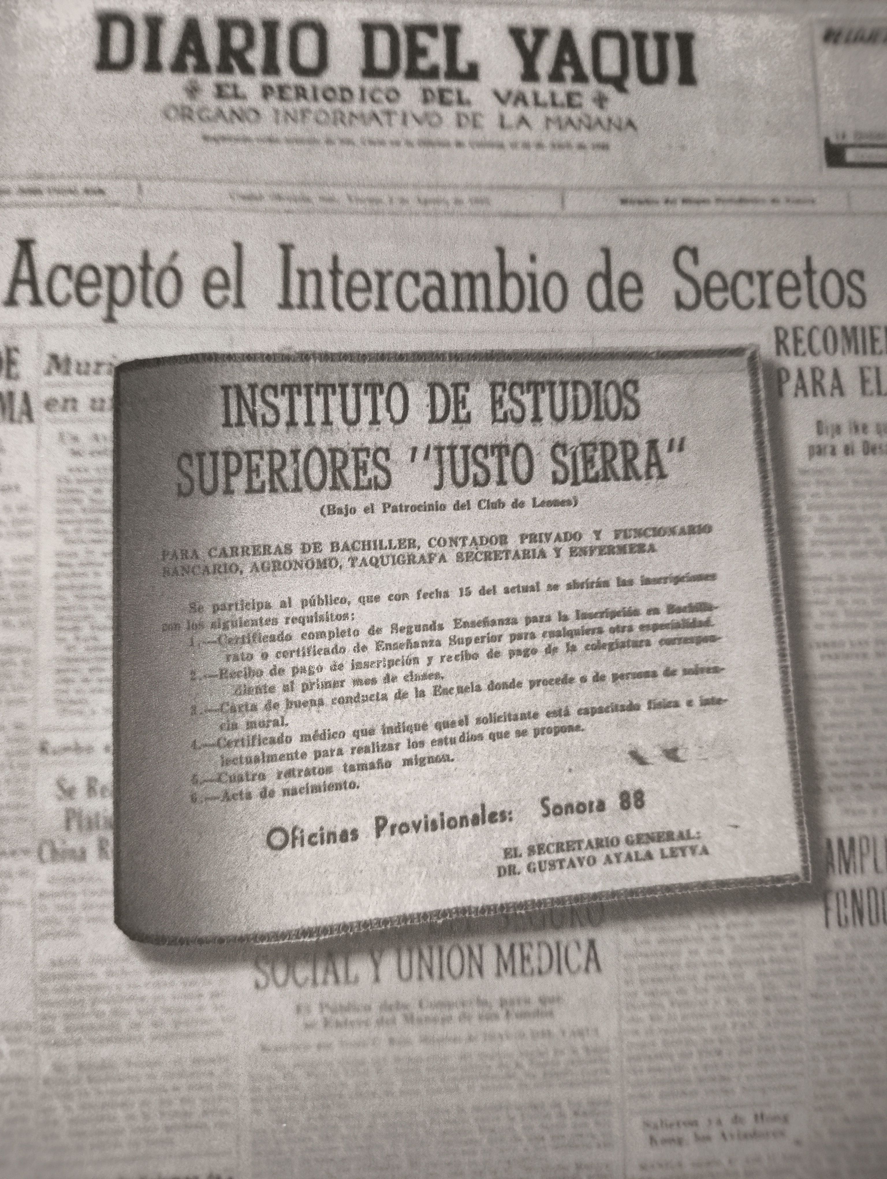 Convocatoria en Diario del Yaqui, agosto 1955
